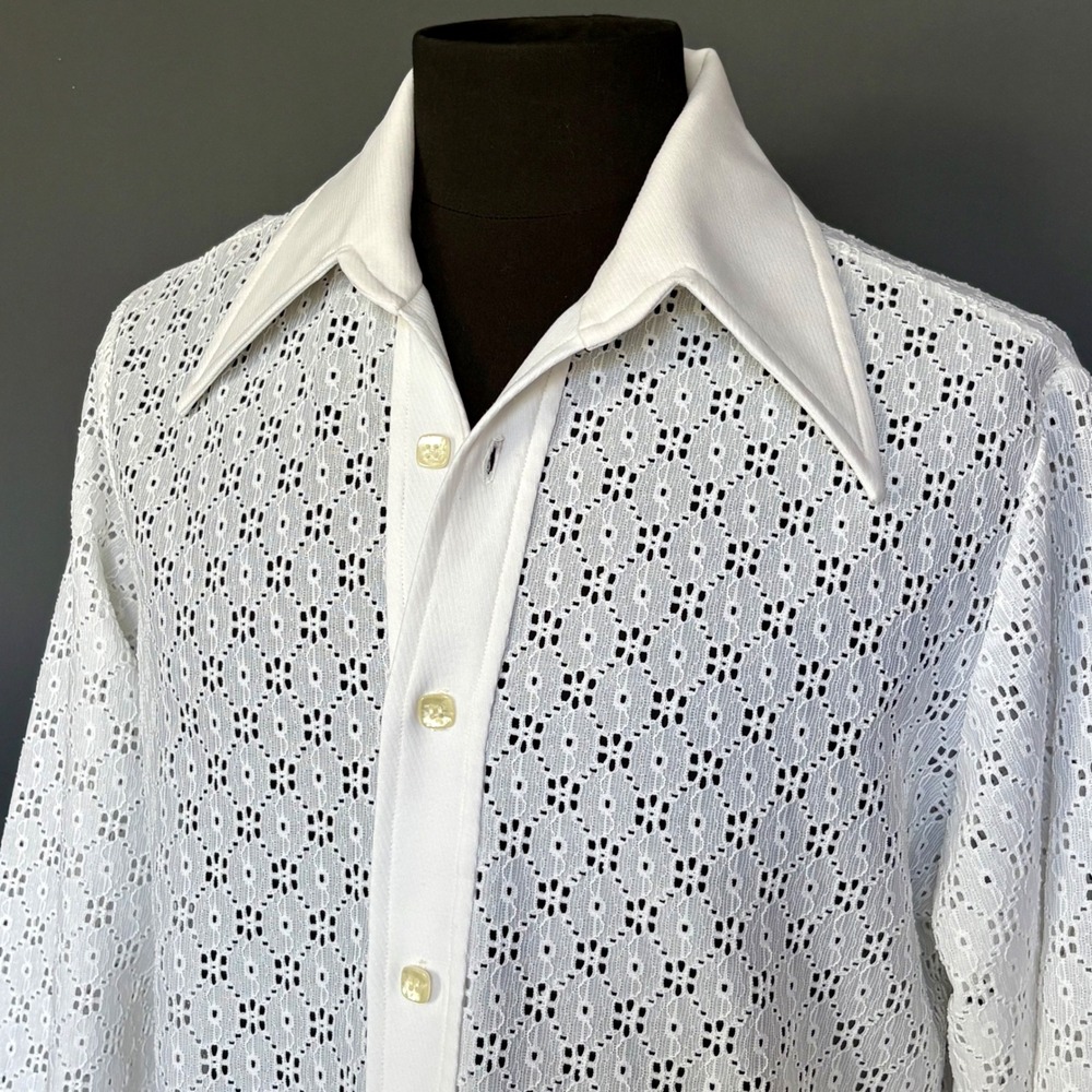 Vintage 1970s White Eyelet Lace Disco Shirt | Dagger Collar | Size Large